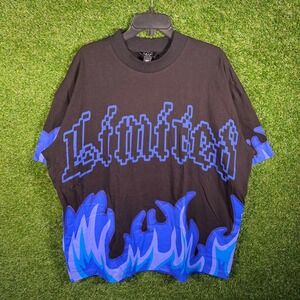 BoohooMAN Limited Graphic T-Shirt Black Blue Flame Oversized Mens Large